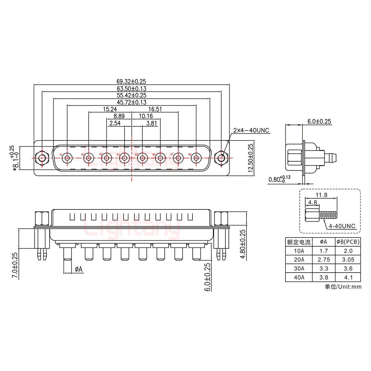 8W8公PCB直插板/鉚魚(yú)叉7.0/大電流20A
