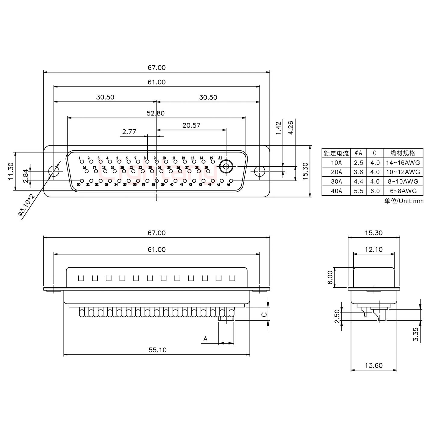 47W1公短體焊線20A+50P金屬外殼2252三個出線孔12mm