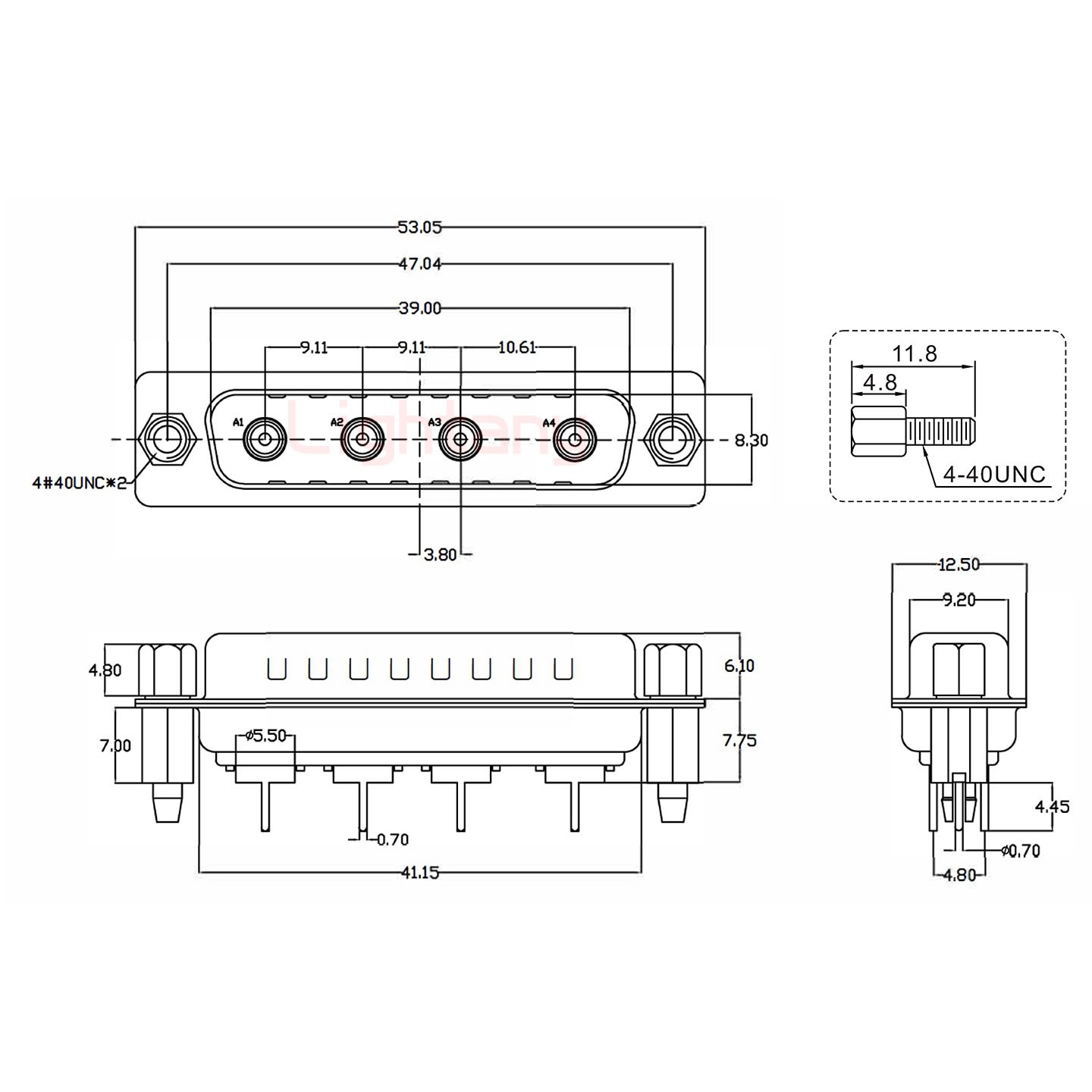 4W4公PCB直插板/鉚魚(yú)叉7.0/射頻同軸50歐姆