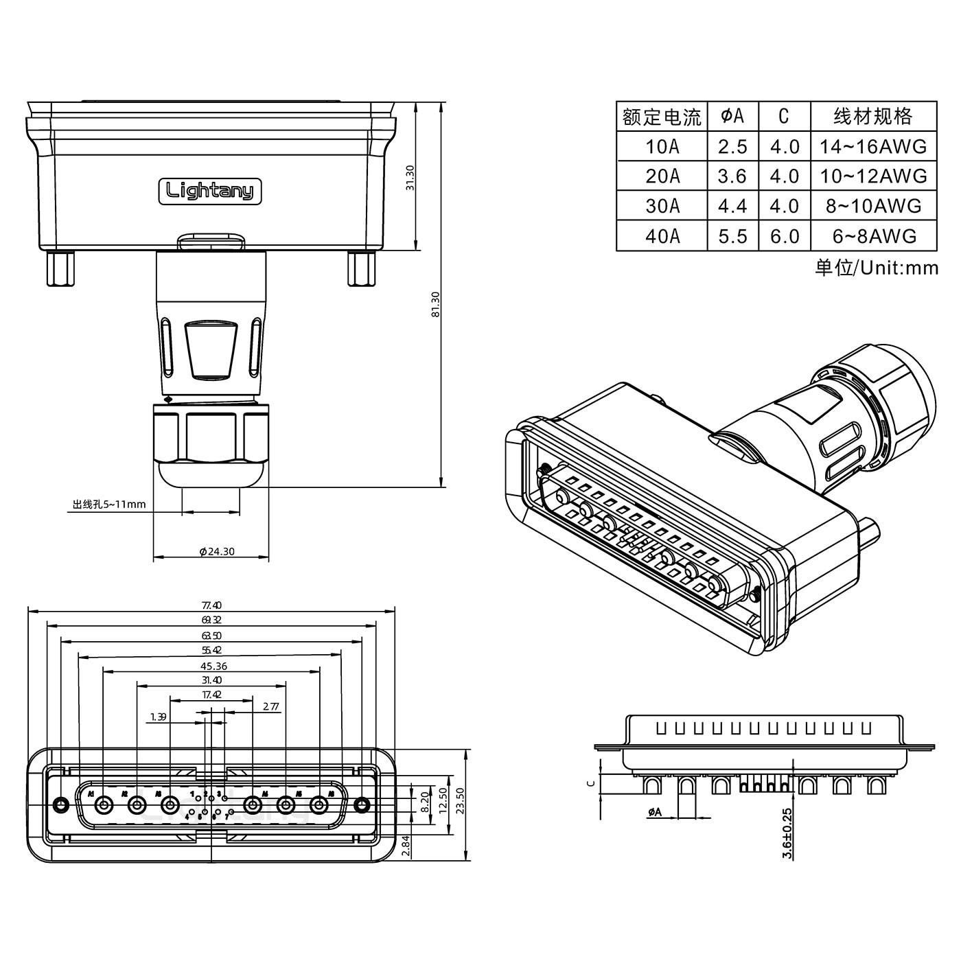 13W6A公頭焊線(xiàn)+防水接頭/線(xiàn)徑5~11mm/大電流40A