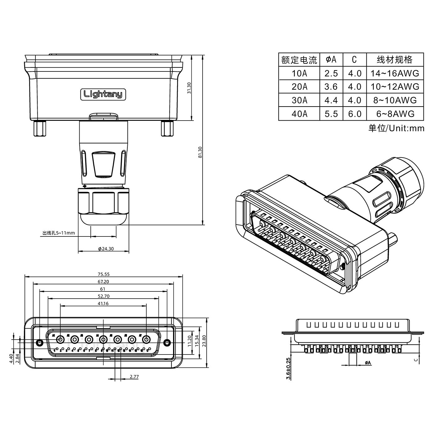 24W7公頭焊線(xiàn)+防水接頭/線(xiàn)徑5~11mm/大電流40A